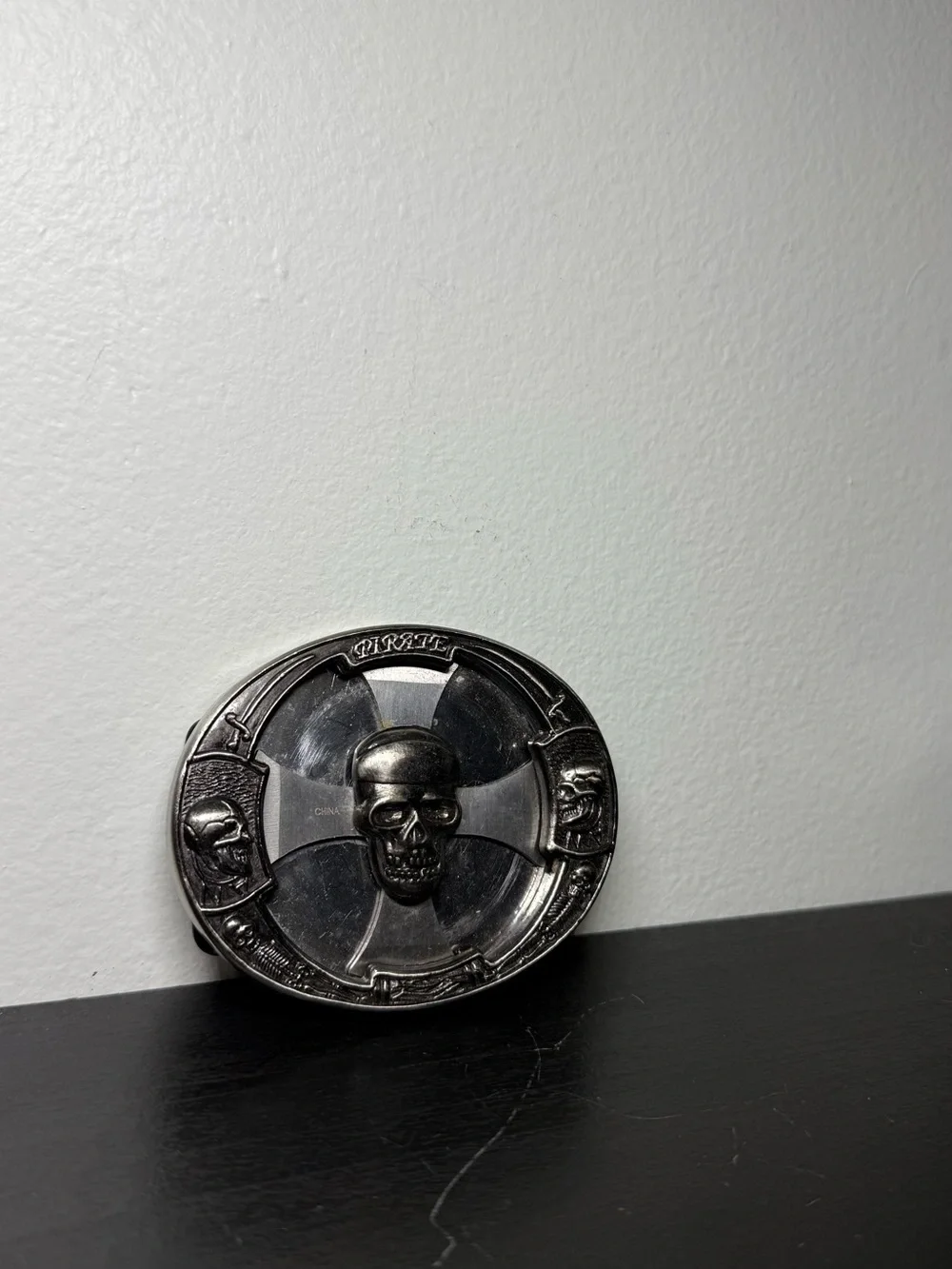 Y2K 2000s Engraved Silver Skull Pirates Cross Spinner Belt Buckle